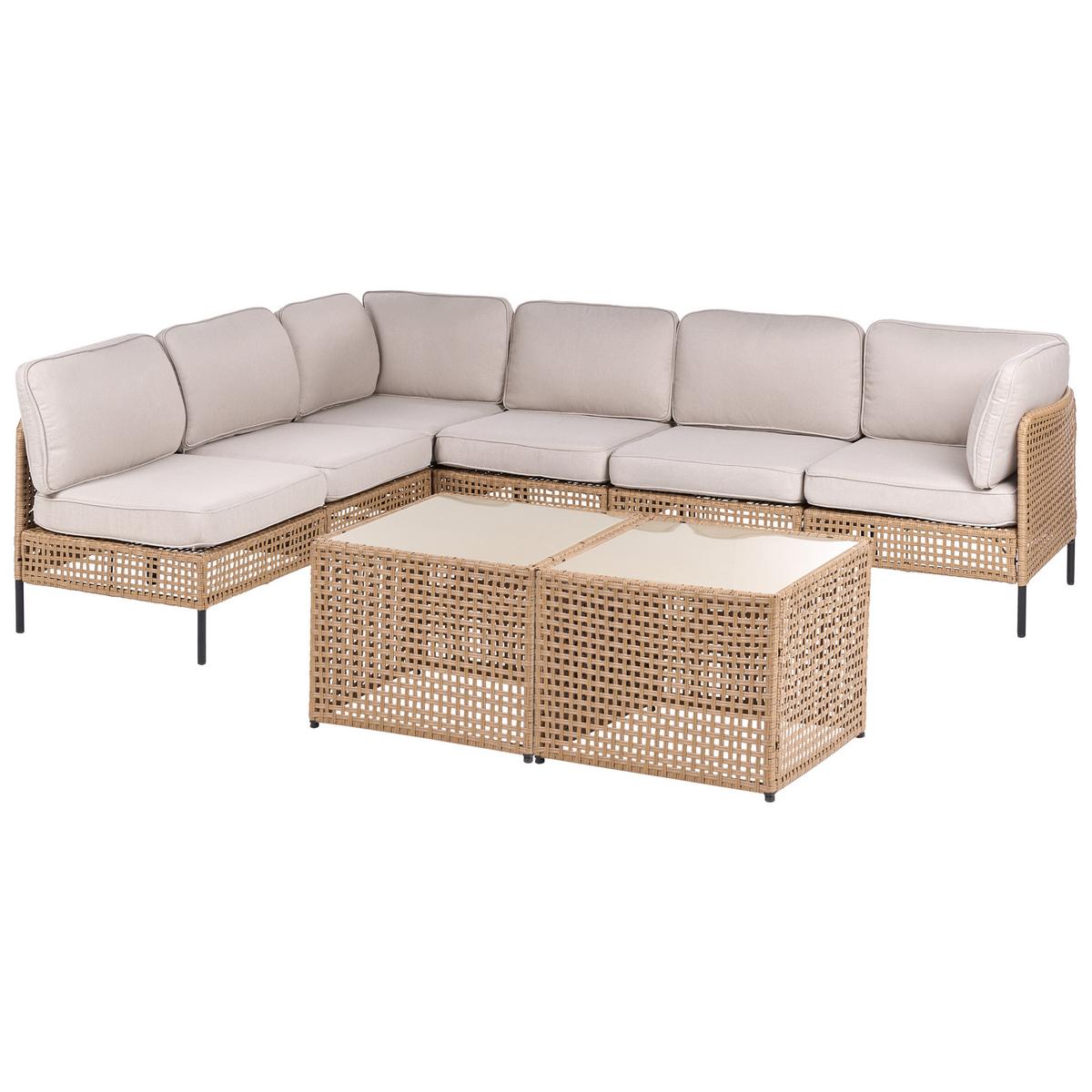 GARTEN-ECKSOFA mit Tisch 6-Sitzer modular Polyrattan Hellbeige Omegana - Beige/Schwarz, Kunststoff (276/207cm) - Beliani