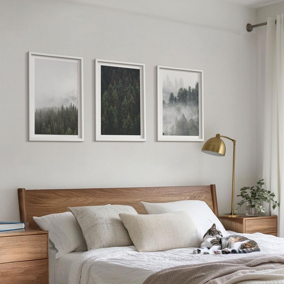 BILDER SET 3er Set - 40x60 cm Weißer Rahmen - Grüne Wälder Nebel Natur - Weiß, Kunststoff (40/60cm) - TULUP