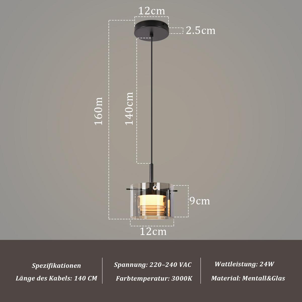 PENDELLEUCHTE Azaryn 12/12/160 cm - Schwarz, Glas/Metall (12/12/160cm) - ZMH