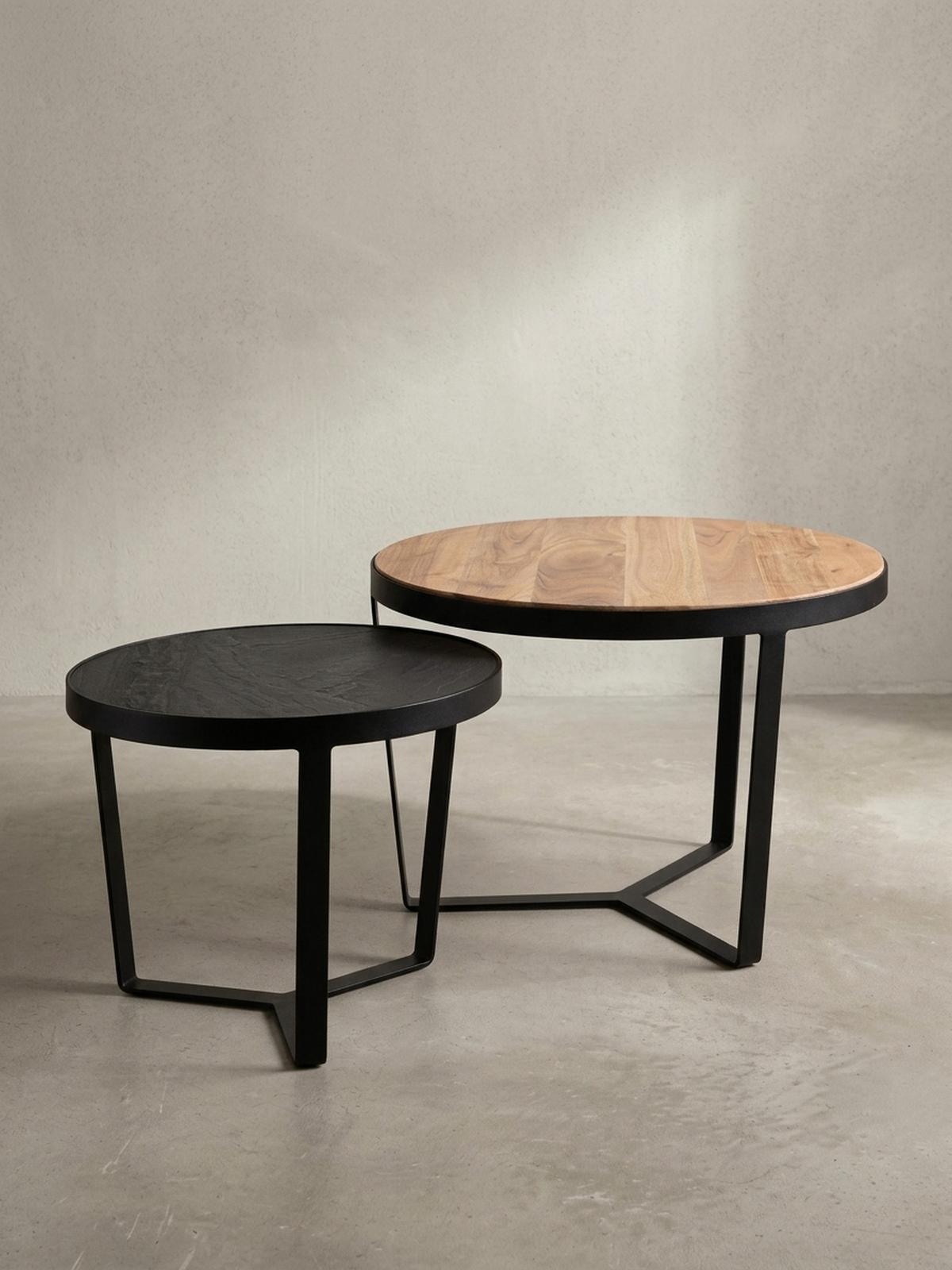COUCHTISCH Set rund – Akazie Massivholz, Steinoptik, Metallgestell, Braun-Anthrazit - Schwarz, Holz/Metall (60/60/40cm) - KADIMA DESIGN