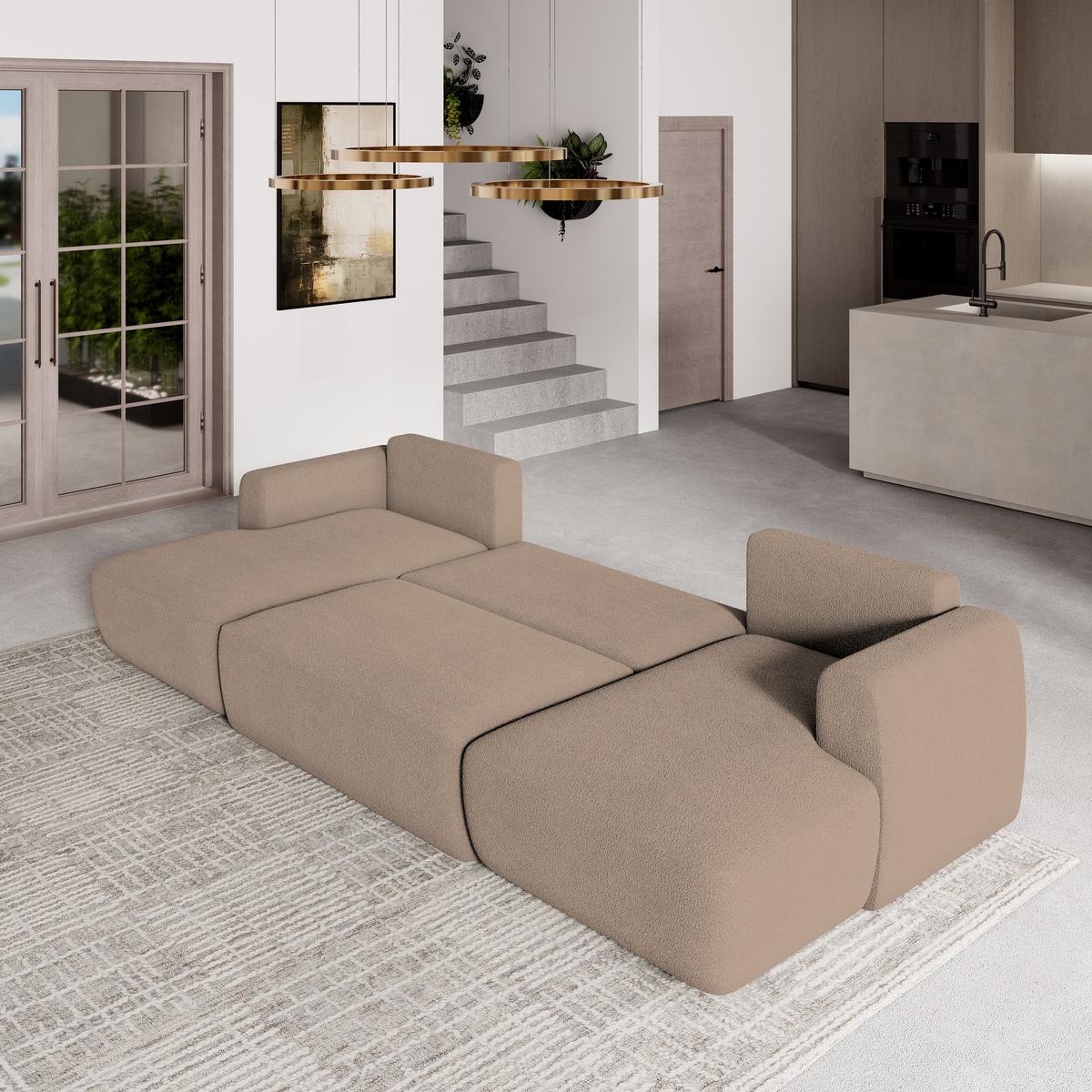 WOHNLANDSCHAFT SENTUM N Beige Boucle-Stoff mit Schlaffunktion - Beige/Schwarz, Holz/Kunststoff (330/90/148cm) - MASSENO
