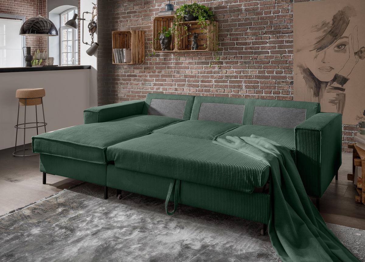 ECKSOFA mit Schlaffunktion, Bettkasten, Wellenunterfederung, Récamiere links B240/T150/H92 cm, Liegefl. 125x198 cm, Cord Grün / 17224 - Schwarz/Grün, Textil/Metall (240/150cm) - luma-home