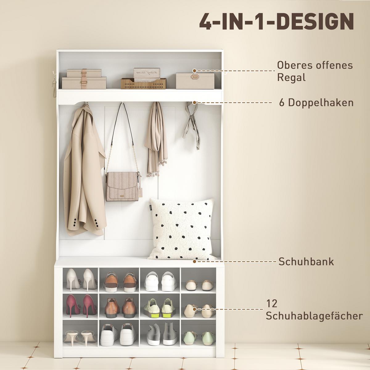 GARDEROBENSTÄNDER mit Sitzbank Kleiderständer mit Schuhregal 6 Haken - Weiß, Holzwerkstoff (100/172.2/35cm) - HOMCOM