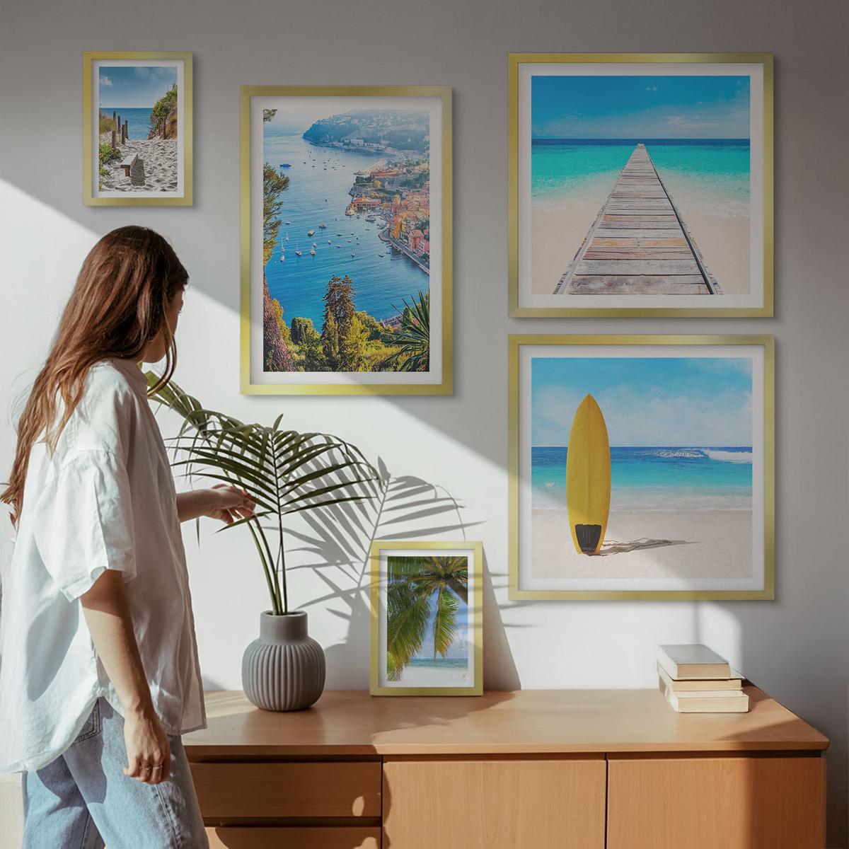 BILDER SET 5er Set - 50x50 cm & 20x30 cm & 40x60 cm Goldrahmen - Urlaubsblick Strand Palmen - Goldfarben, Kunststoff (40/60cm) - TULUP