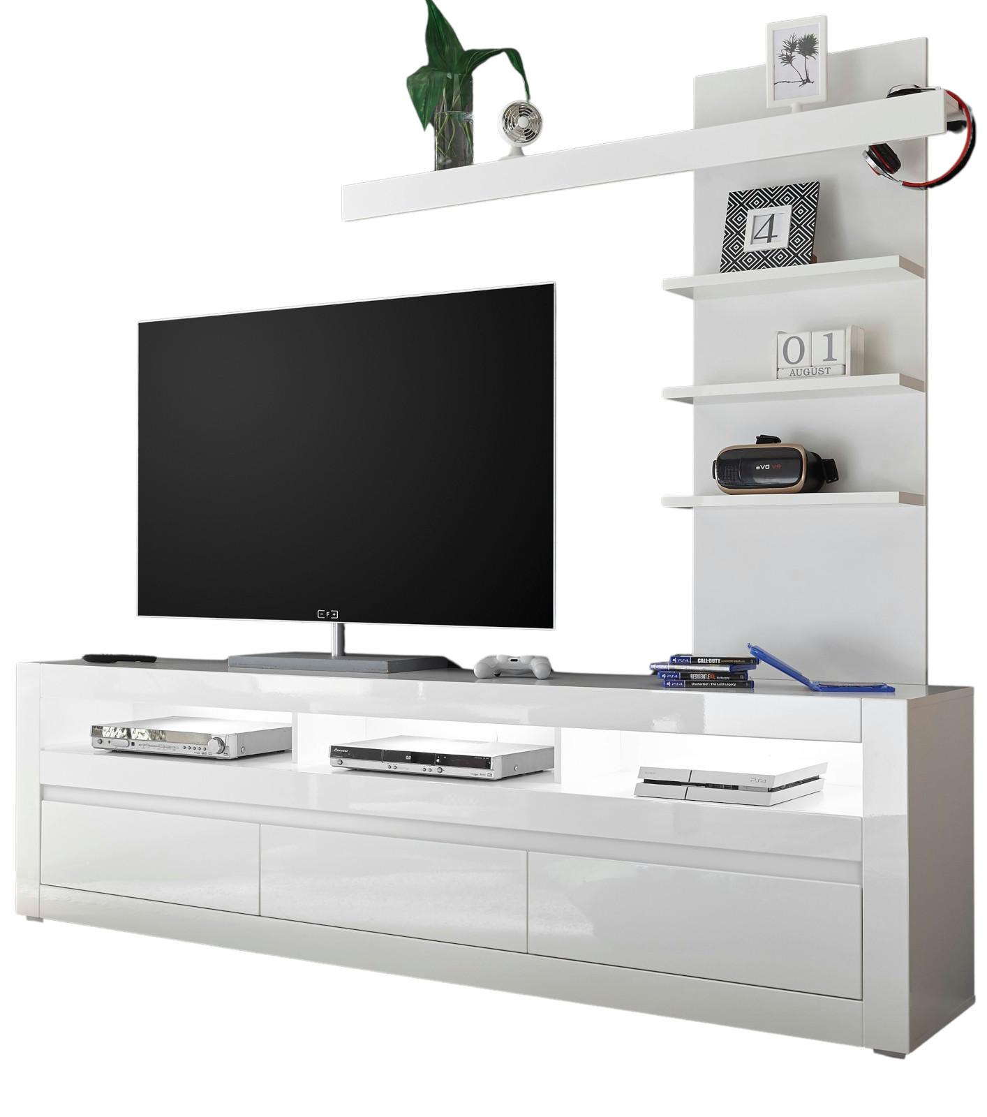 WOHNWAND Hochglanz weiß, Set 2-tlg. inklusive Paneel, TV Unterschrank Soft-Close - Weiß Hochglanz/Weiß, Holzwerkstoff/Kunststoff (217/163/42cm) - Furn.Design