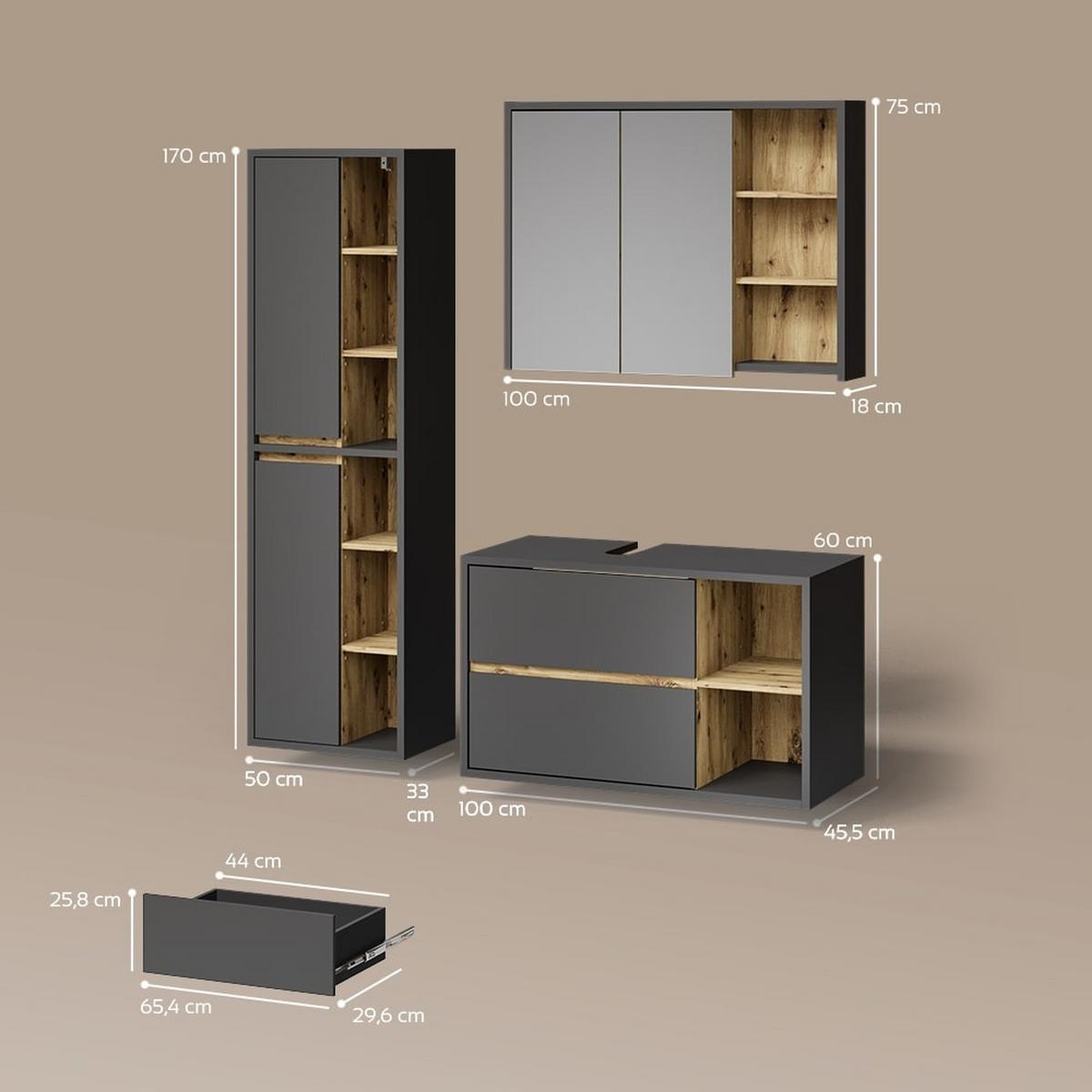 BADMÖBEL-SET Vomano Anthrazit 3 Teile - Anthrazit, Holzwerkstoff (100/60/45cm) - Livinity®