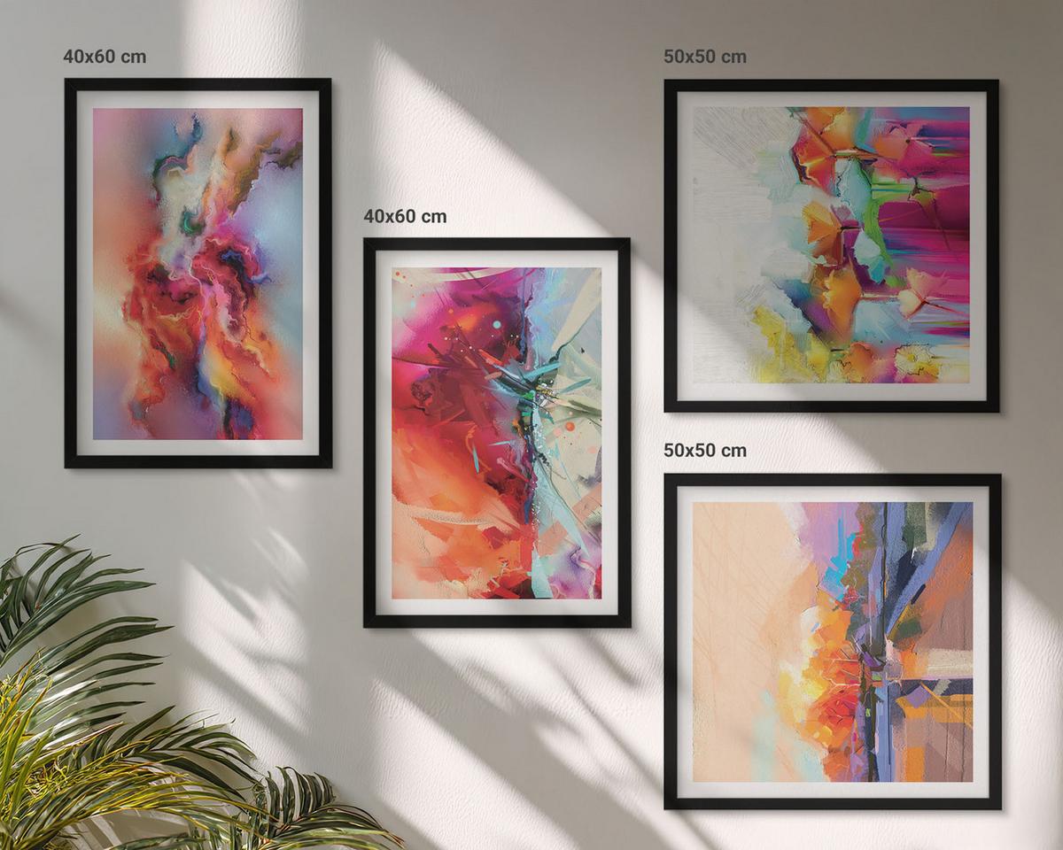 BILDER SET 4er Set - 50x50 cm & 40x60 cm Schwarzer Rahmen - Farbenfrohe Abstraktionen der Form - Schwarz, Kunststoff (50/50cm) - TULUP