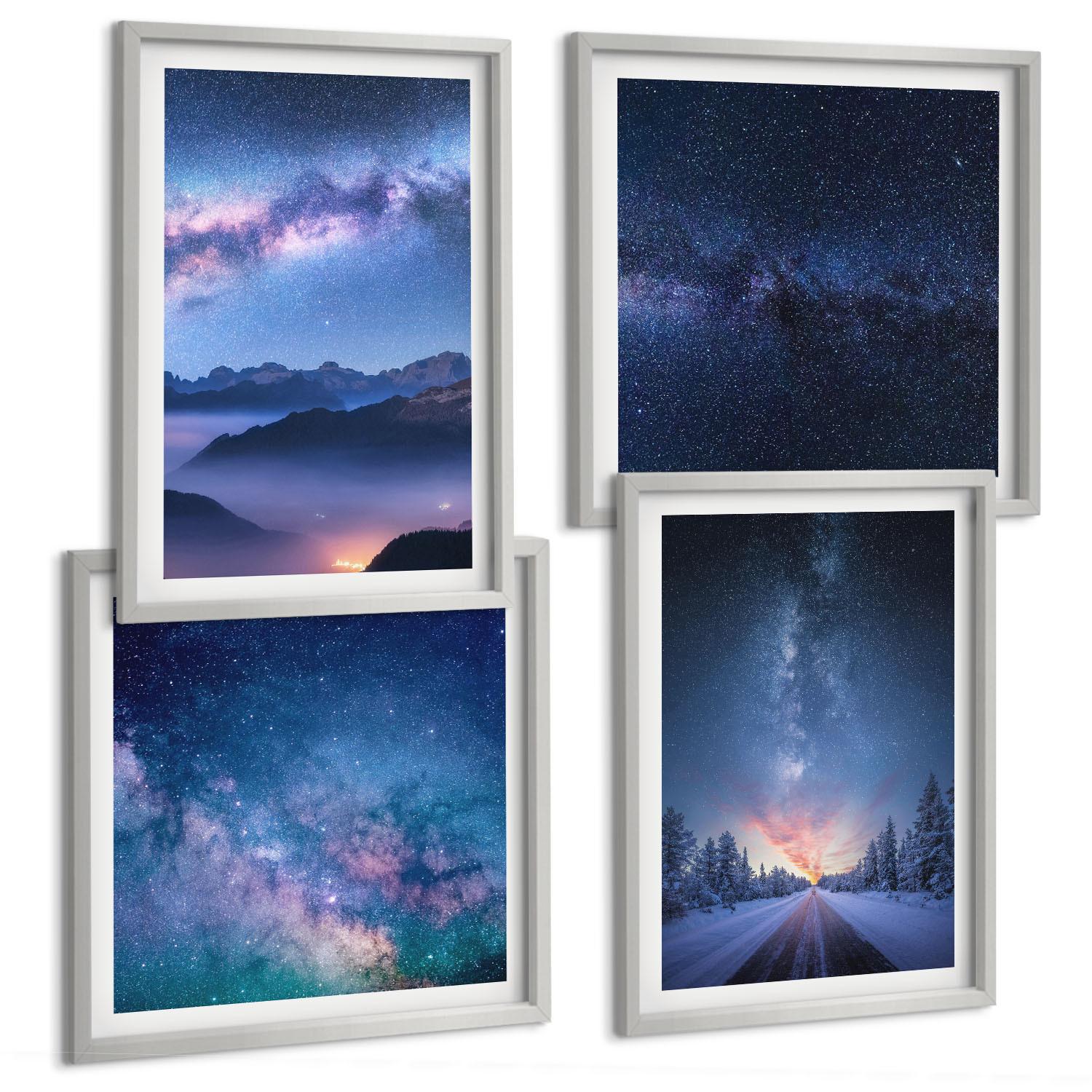 BILDER SET 4er Set - 50x50 cm & 40x60 cm Silberner Rahmen - Nachthimmel, Berge, Winter, Weltraum - Silberfarben, Kunststoff (50/50cm) - TULUP