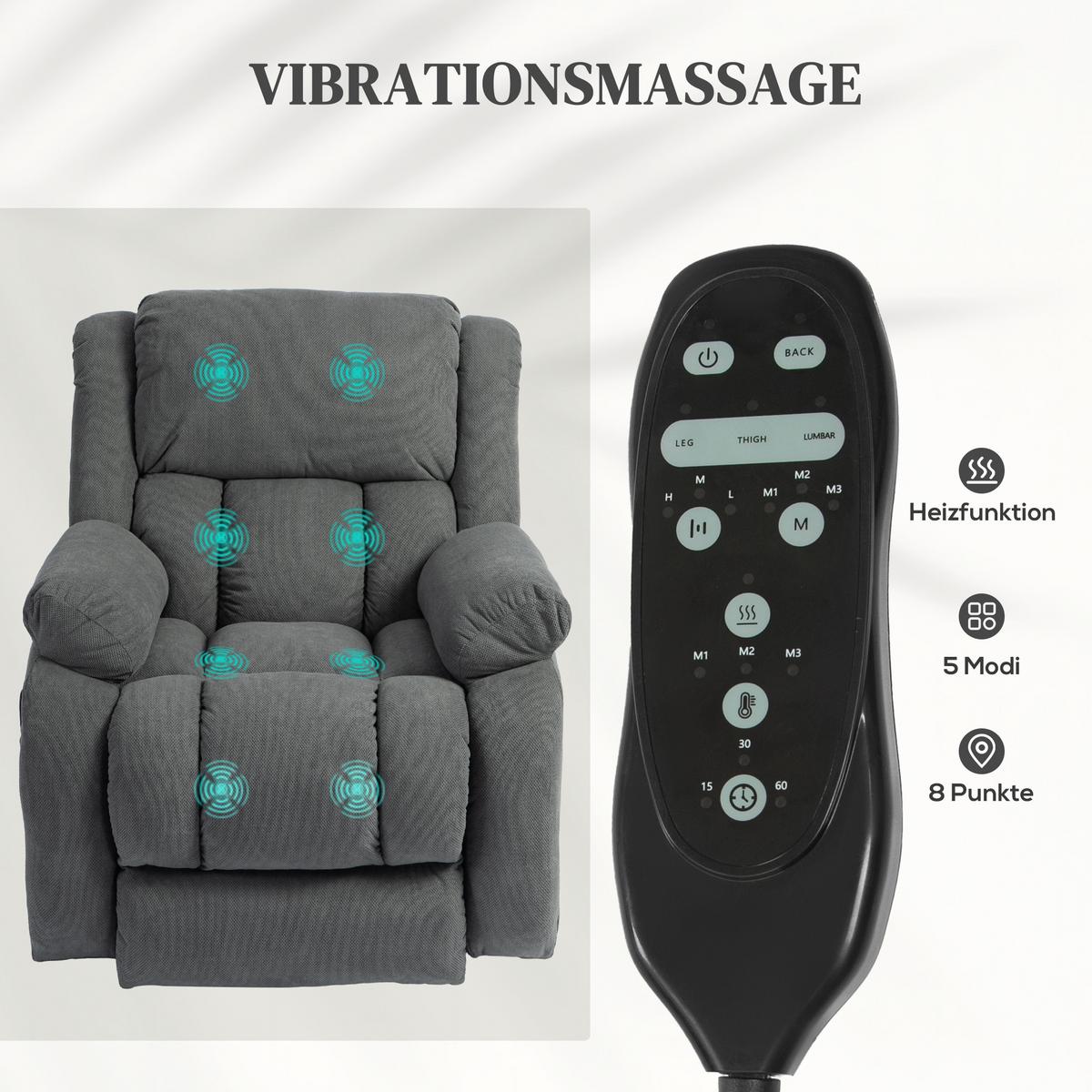 FERNSEHSESSEL mit Aufstehhilfe, Relaxsessel mit Liege-, Massagefunktion, Grau - Grau, Textil (104/100/93cm) - HOMCOM