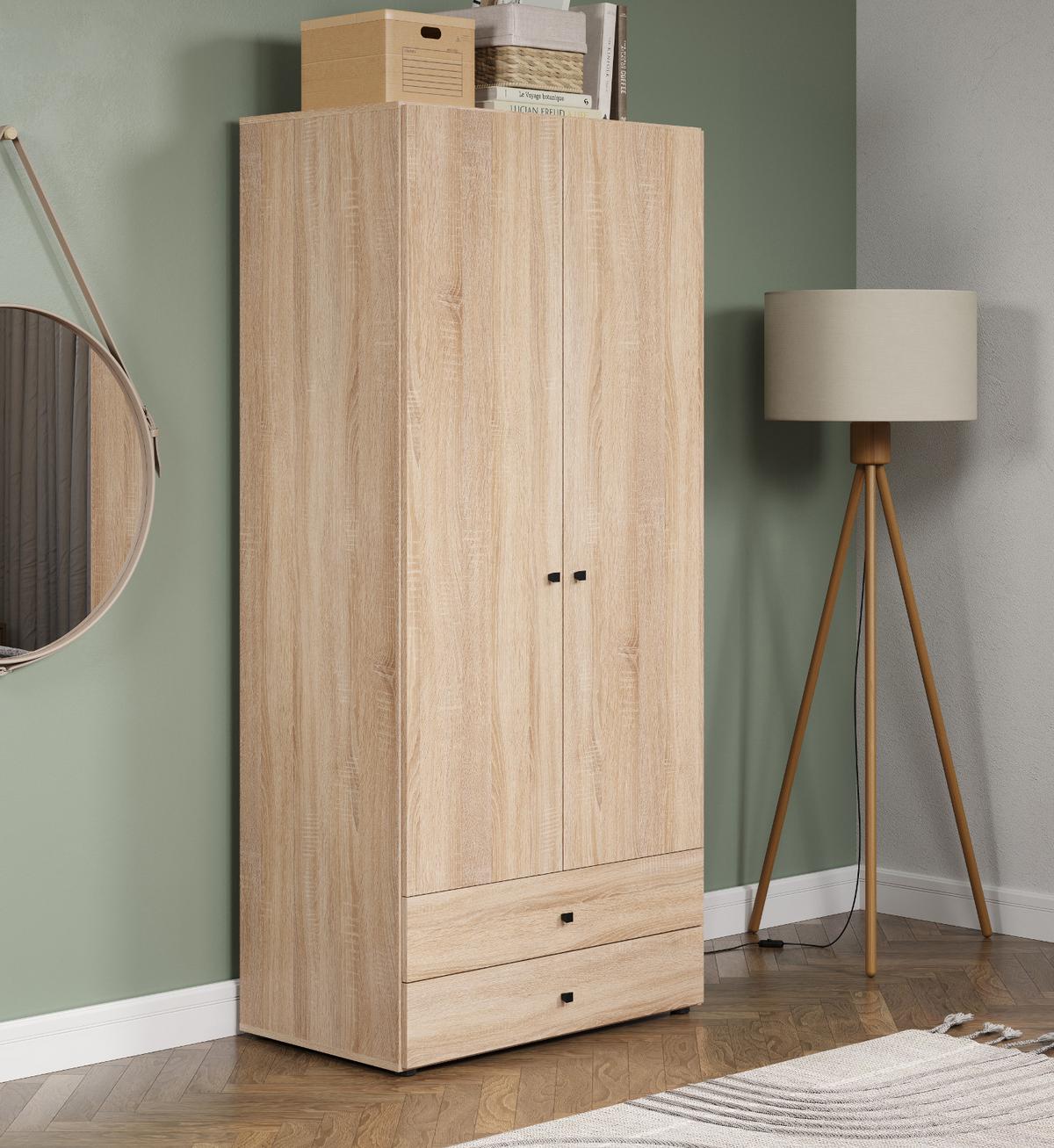 KLEIDERSCHRANK Eiche Sonoma hell 81 x 176 cm, Drehtürenschrank 2-türig mit Schubalden - Schwarz/Sonoma Eiche, Holzwerkstoff/Kunststoff (81/176/51cm) - Top.Furn