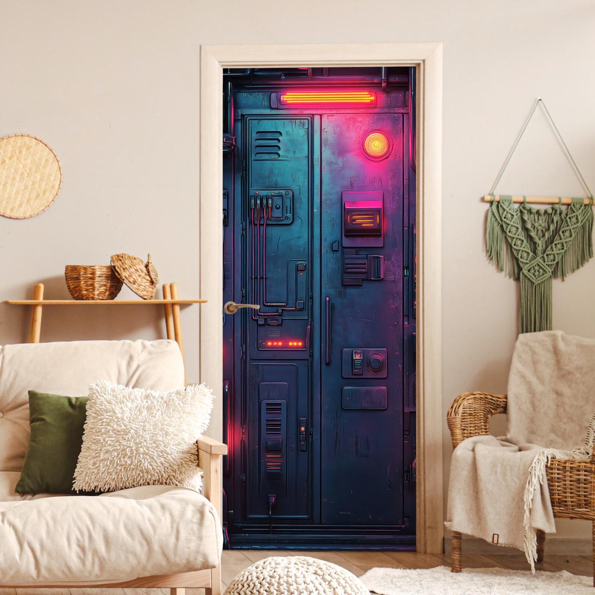 TÜRAUFKLEBER Tür - Futuristisch - Blau - Rosa - Neon 90x215 cm - Türtapete - Anthrazit, Kunststoff (90/0.1cm) - MuchoWow