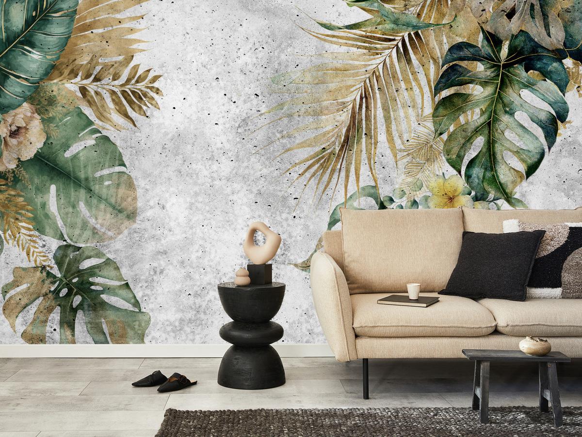 FOTOTAPETE für Wohnzimmer Tropische Blätter Blumen auf Grauer Beton 350x256 - Braun/Grau, Papier (350/256cm) - Muralo