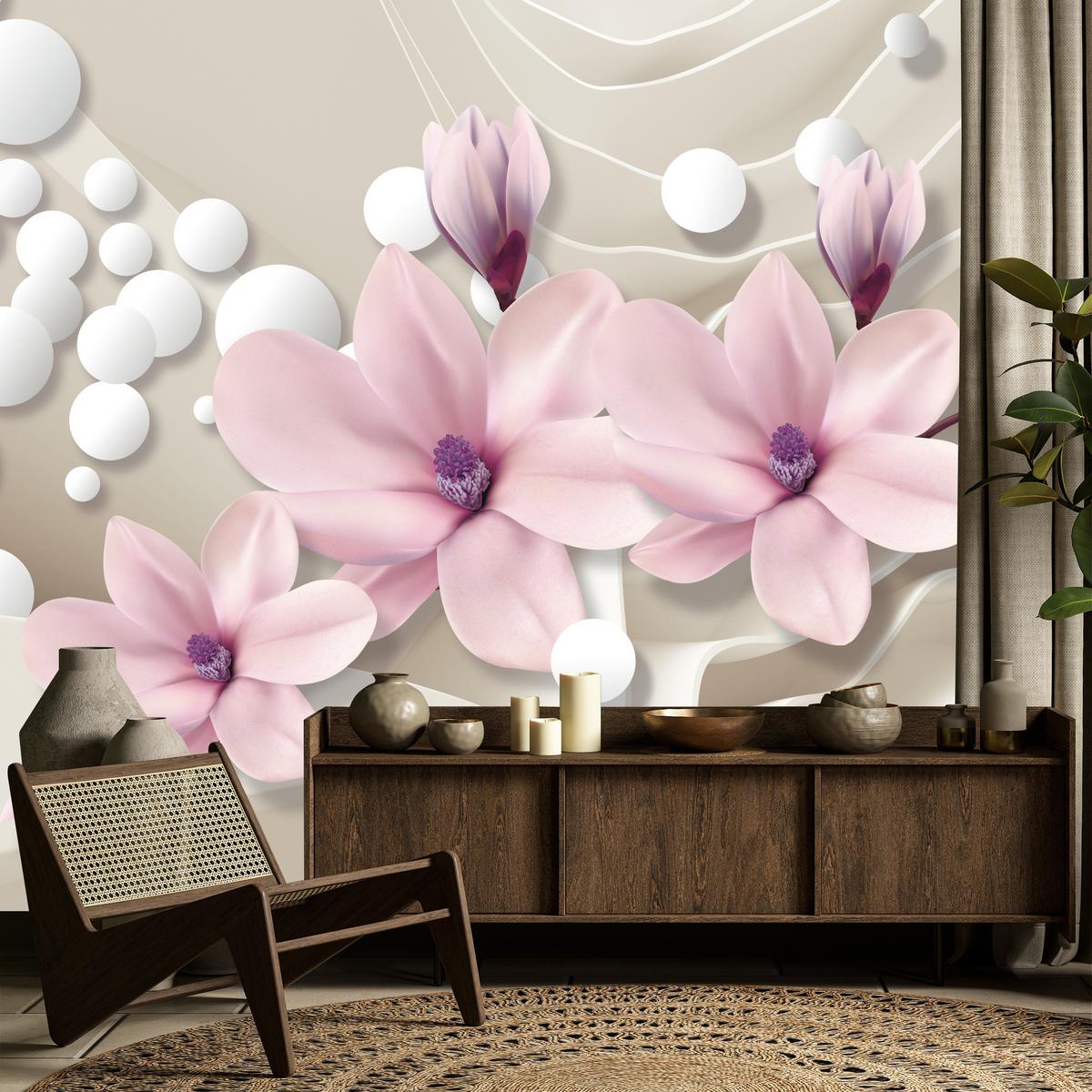 FOTOTAPETE für Wohnzimmer BLUMEN Magnolien ROSA Welliges Raumhintergrund 100x70 - Beige/Rosa, Papier (100/70cm) - Muralo