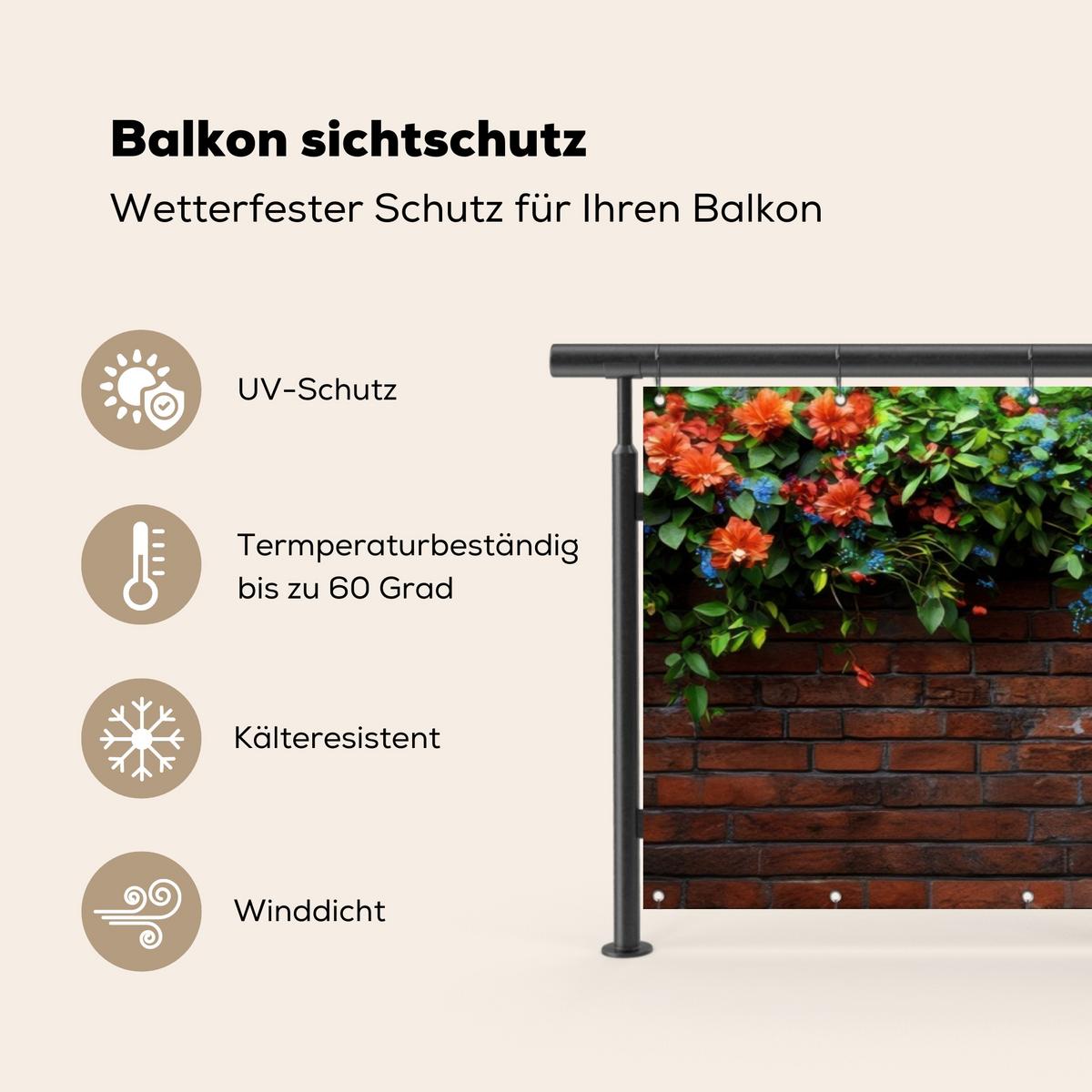 BALKON-SICHTSCHUTZ Blumen - Wand - Grün - Orange Windschutz 300x90 cm - Rotbraun, Kunststoff (300/90cm) - MuchoWow