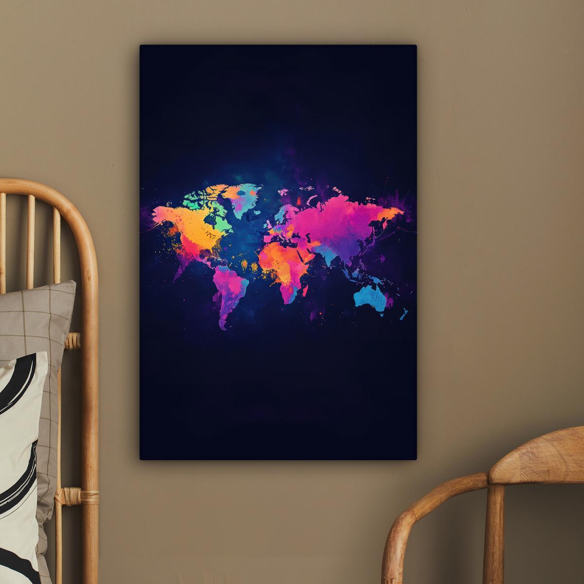 LEINWANDBILD Weltkarte - Bunt - Graffiti Wanddeko 40x60 cm - Multicolor, Textil (40/60cm) - MuchoWow