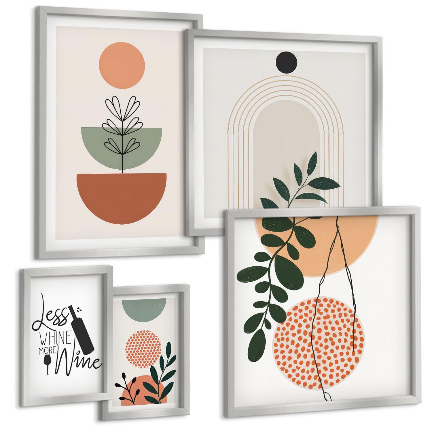 BILDER SET 5er Set - 50x50 cm & 20x30 cm & 40x60 cm Silberner Rahmen - Abstrakte Pflanzenformen - Silberfarben, Kunststoff (40/60cm) - TULUP