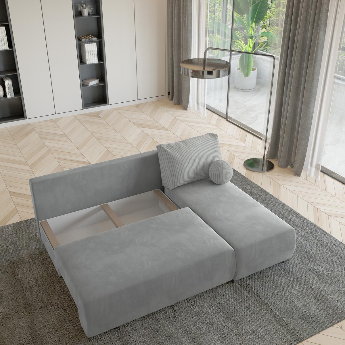 ECKSOFA PARVELO Hellgrau Plüsch-Stoff mit Schlaffunktion - Hellgrau, Holz (200/143cm) - MASSENO
