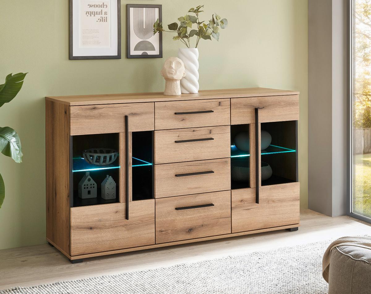 SIDEBOARD Eiche Evoke, Kommode 150 cm mit Soft-Close - Eichefarben/Schwarz, Glas/Holzwerkstoff (150/86/42cm) - Furn.Design