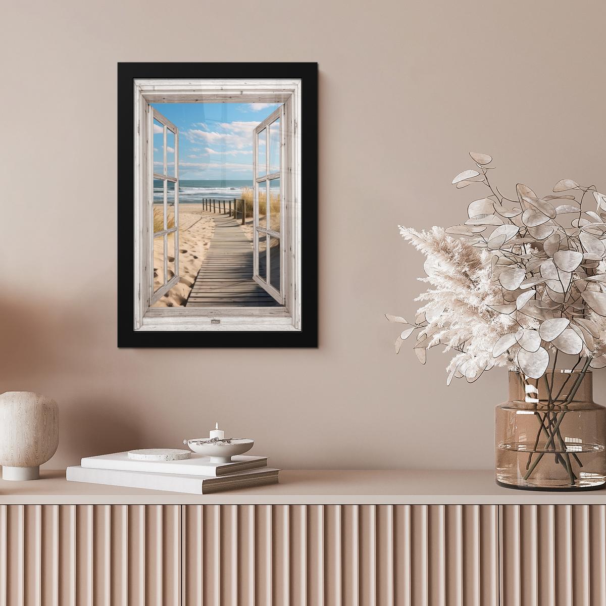 POSTER MIT RAHMEN Fenster - Meer - Küste - Natur - Ausblick - Strand - Wattenmeer Poster 20x30 cm - Beige, Papier (20/30cm) - MuchoWow