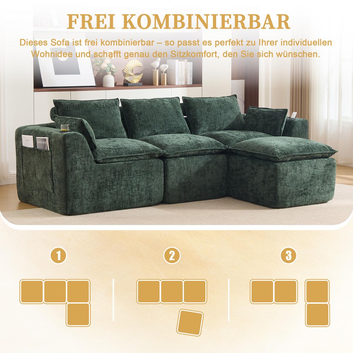 3-SITZER-SOFA aus chenille, mit fußhocker und getränkehalter - Grün, Textil (256/75/161cm) - Urban Meuble