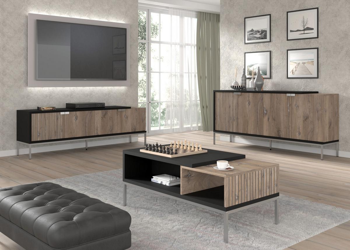 KOMMODE Flagstaff Eiche, Schwarz 190/87/42 - Schwarz, Holzwerkstoff (190/87/42cm) - RAUMHIRSCH FURNITURE
