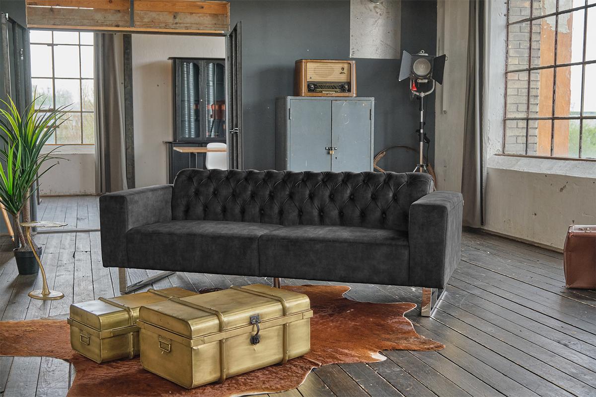 SOFA NILO Grau Velvet - Anthrazit/Silberfarben, Textil (220/77/87cm) - KAWOLA