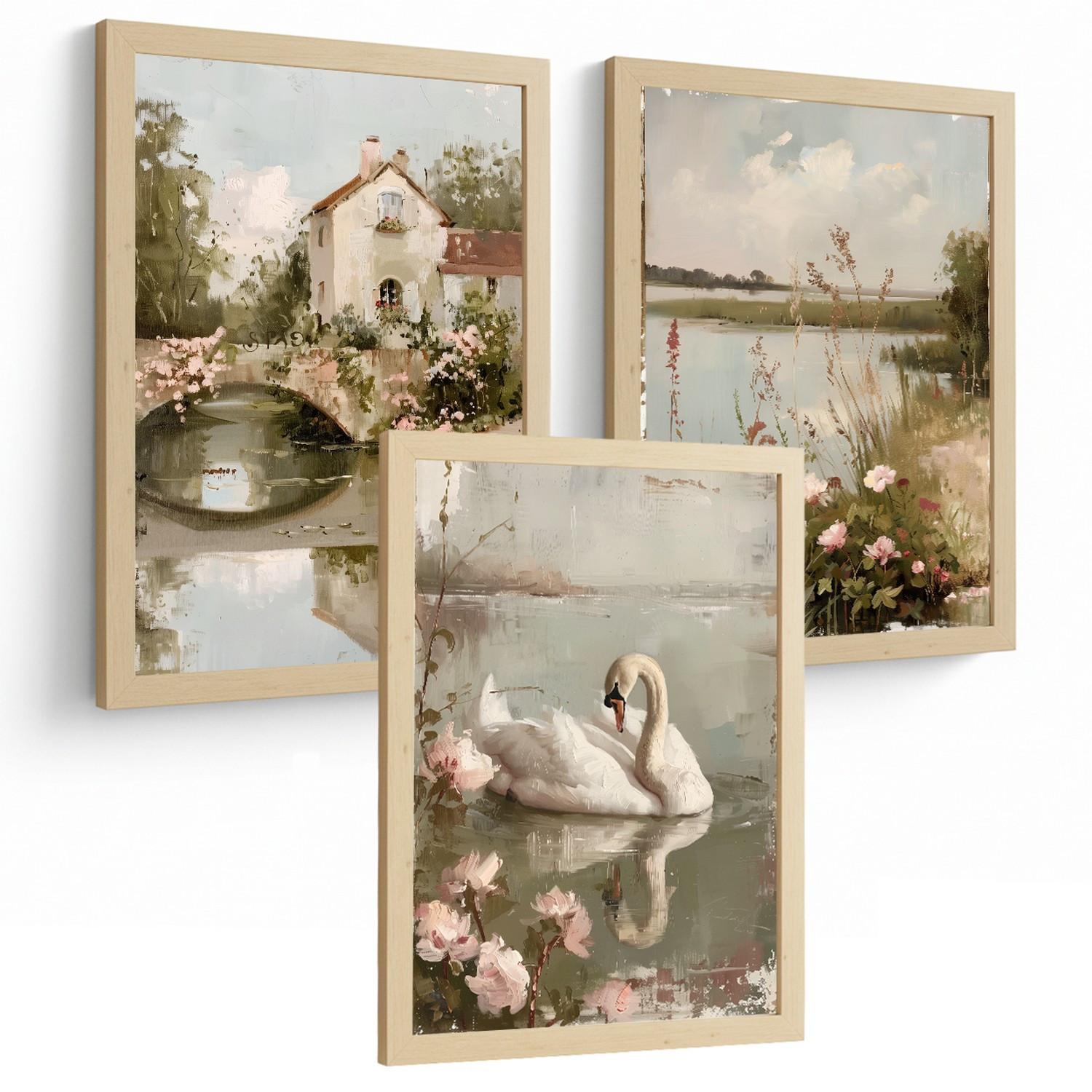 POSTER 3er Bilder-Set Wandbilder Ölmalerei modern Wohnzimmer Deko, Schlafzimmer, Küche, Badezimmer Leichter Holzrahmen A4 - Beige, Papier (29.7/1/21cm) - Nacnic