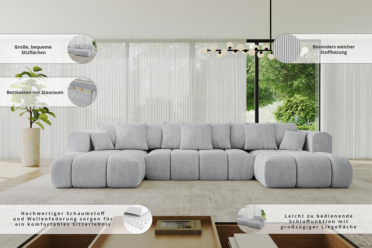 WOHNLANDSCHAFT CLOUD-U-v1 405x185x90 Grau Cord - Grau, Holzwerkstoff/Kunststoff (405/90/185cm) - ALTDECOR