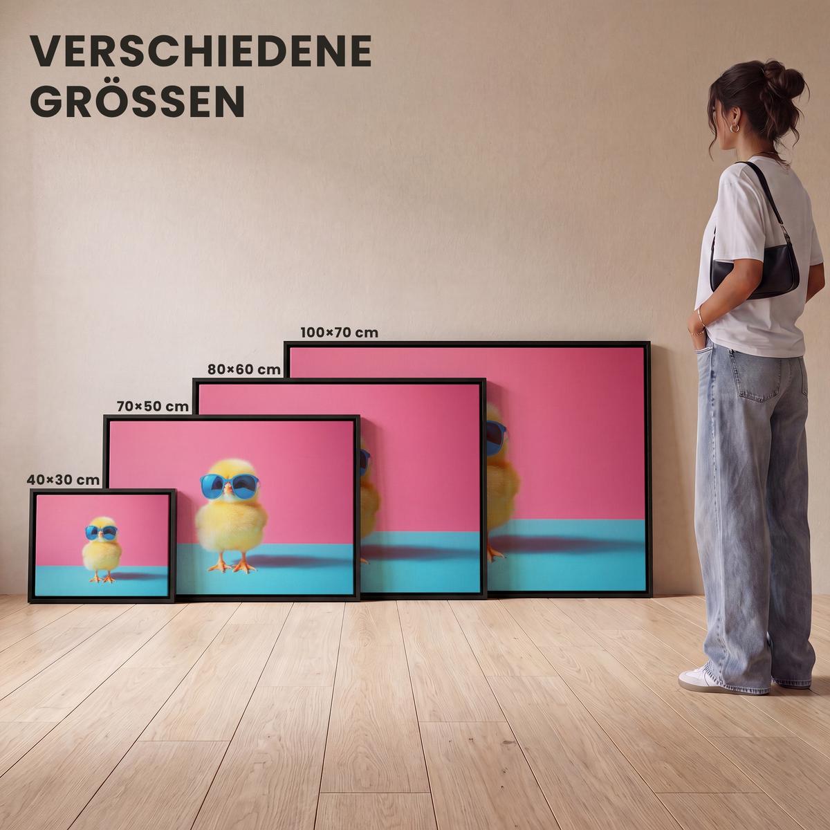 LEINWAND Bilder mit Rahmen - Chick - Sonnenbrille - Blau - 70x50 - Pink, Textil (70/50cm) - MuchoWow