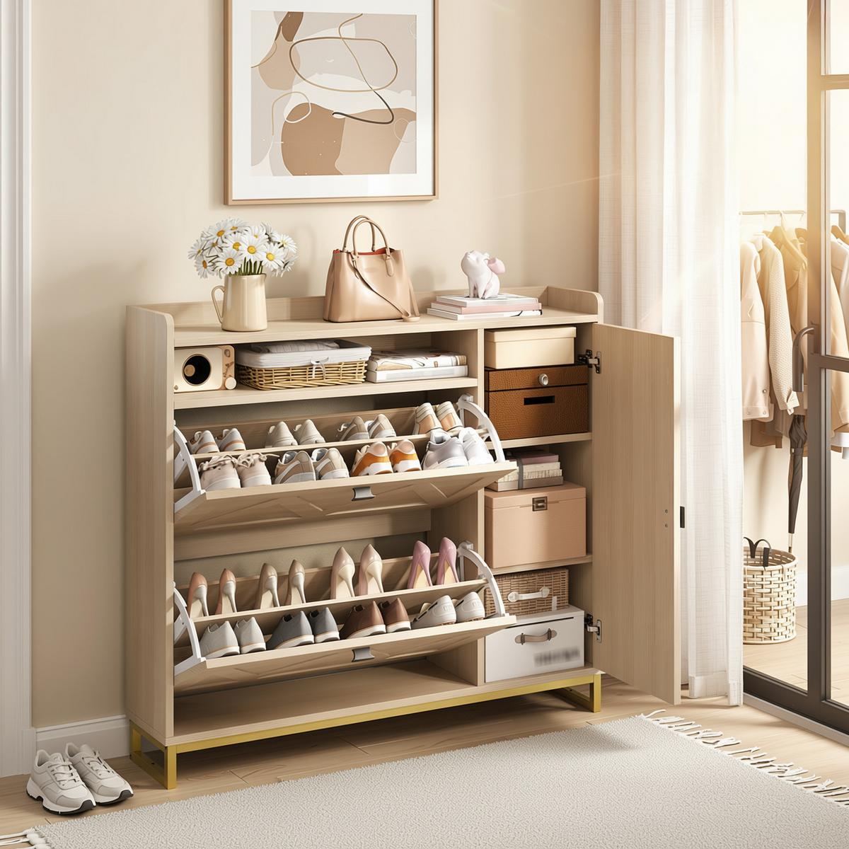 SCHUHSCHRANK mit klappdeckel in natur mit metallgestell, 2 kipper & seitenschrank - Naturfarben, Holzwerkstoff (110/100/24cm) - Urban Meuble