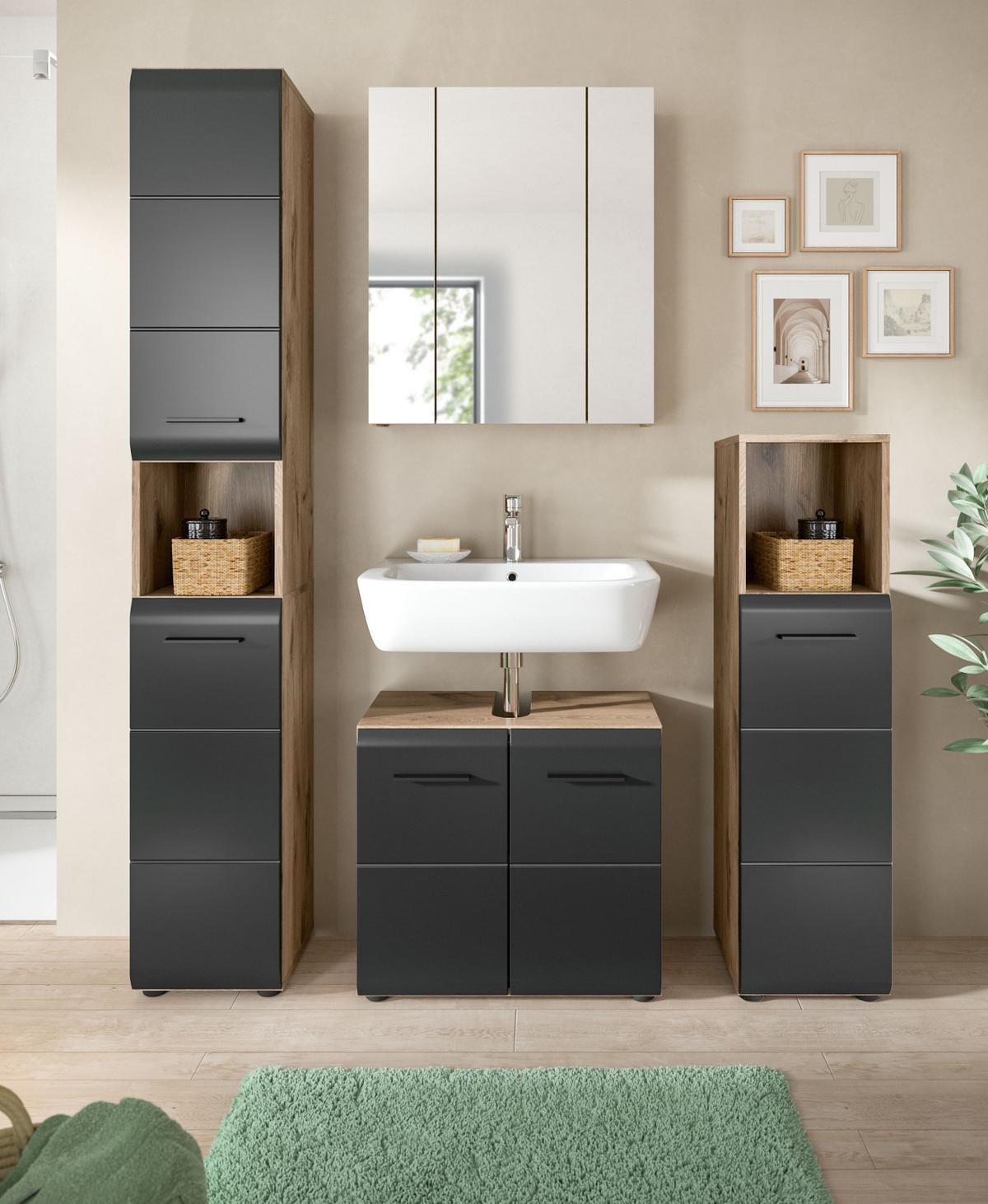BADMÖBEL-SET Schwarz matt, Eiche Nox, Badezimmer 4-teilig 150 x 185 cm mit viel Stauraum - Eichefarben/Schwarz, Glas/Holzwerkstoff (150/185/30cm) - Inn.Furn