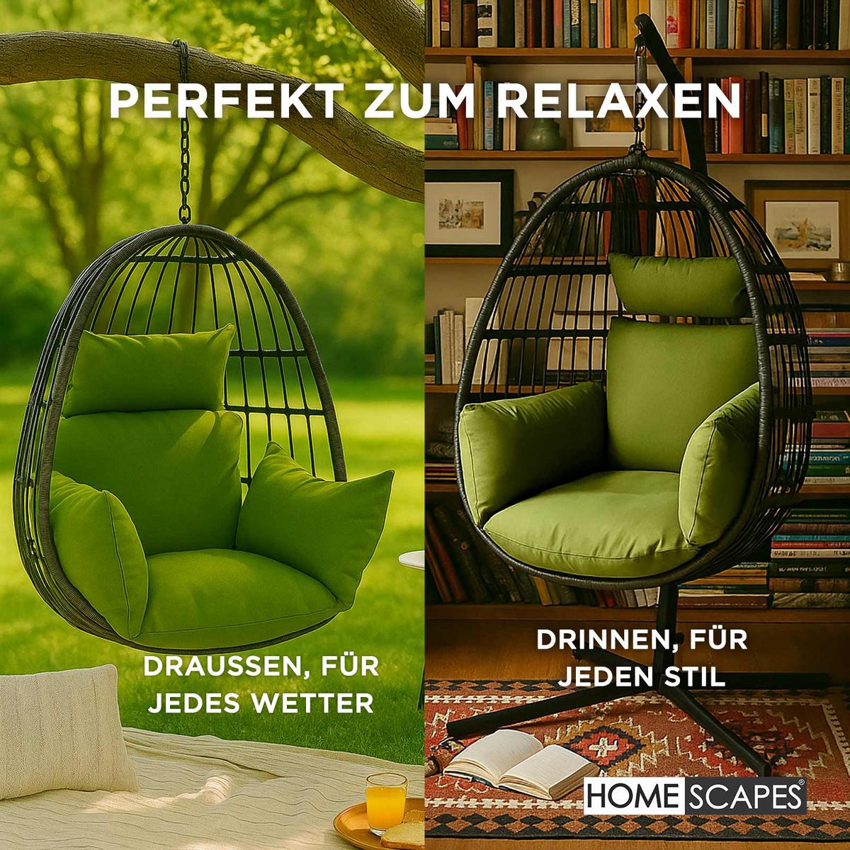 HÄNGESESSEL-KISSEN wetterfest mit Kopfstütze - Grün, Textil (110/15/112cm) - Homescapes