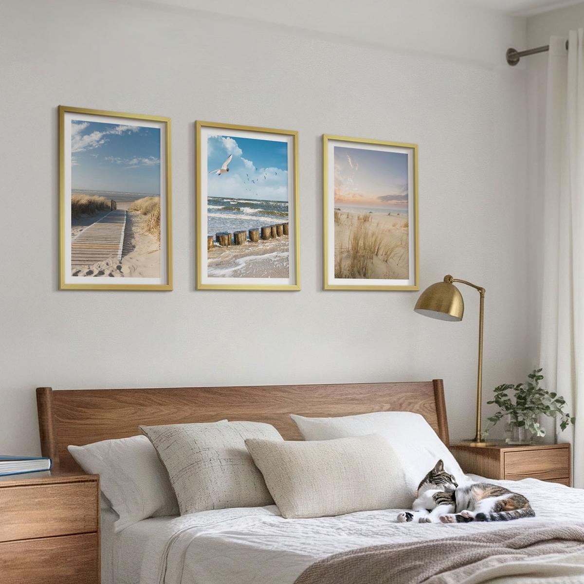 BILDER SET 3er Set - 40x60 cm Goldrahmen - Strand, Sand, Wellen, Himmel, Vögel - Goldfarben, Kunststoff (40/60cm) - TULUP