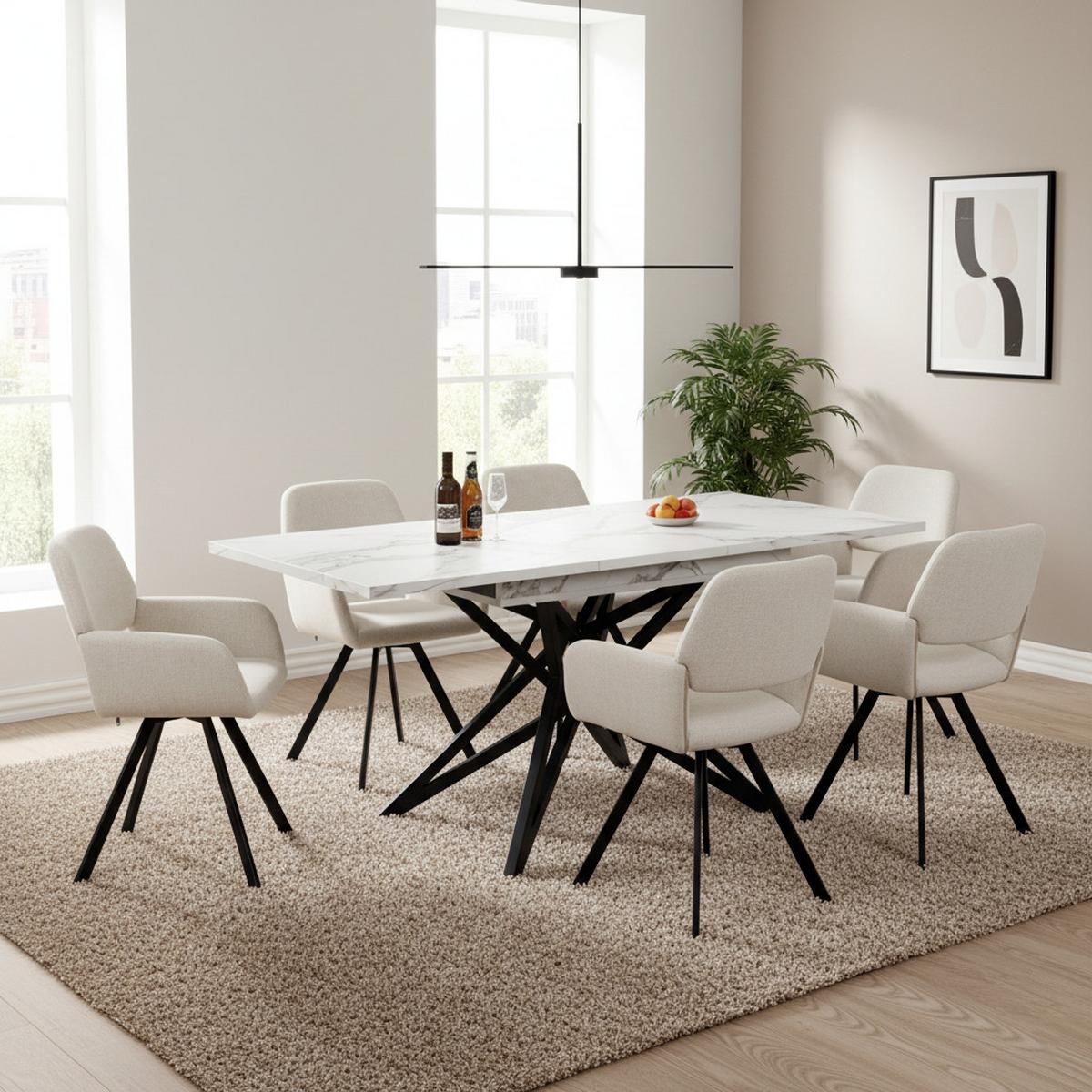 TISCHGRUPPE 7-teilig Ausziehtisch Marmoroptik Weiß & 6x 360° Drehstühle mit Armlehnen - Schwarz/Weiß, Holzwerkstoff/Textil (160/66/80cm) - Urban Meuble