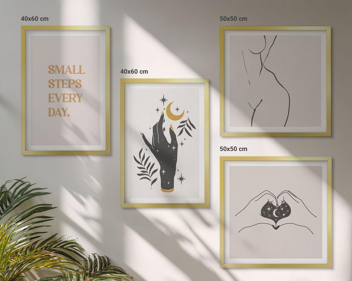 BILDER SET 4er Set - 50x50 cm & 40x60 cm Goldrahmen - Minimalistische Boho-Illustrationen - Goldfarben, Kunststoff (50/50cm) - TULUP