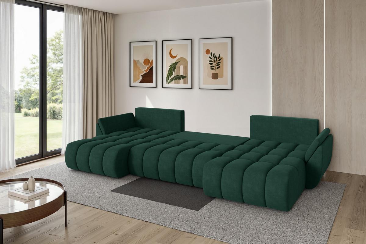 WOHNLANDSCHAFT mit Schlaffunktion und Bettkasten TOKO-U-v1 378x194x86 Grün Velours - Schwarz/Grün, Holzwerkstoff/Kunststoff (378/86/194cm) - ALTDECOR