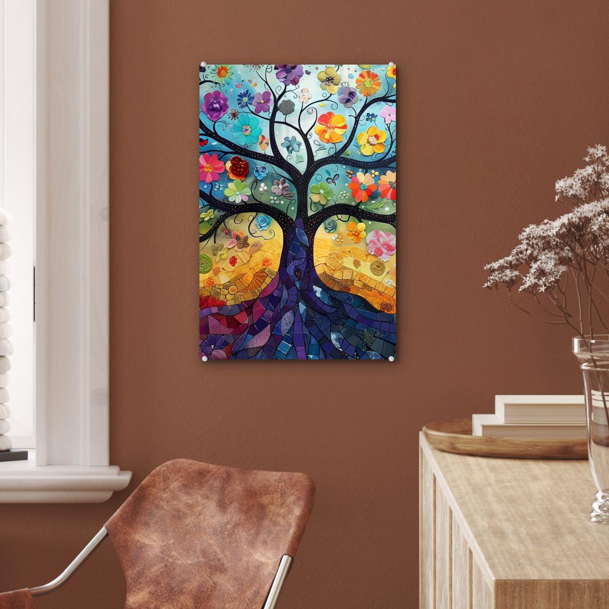 ACRYLGLASBILD Kunst - Baum des Lebens - Blumen - Hippie Wanddeko Wohnzimmer 40x60 cm - Dunkelblau, Glas (40/60cm) - MuchoWow