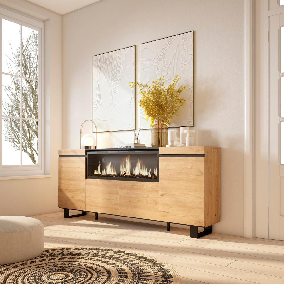 SIDEBOARD Highboard, mit Elektrokamin XXL, eiche, 208/35/87cm - Eichefarben/Multicolor, Holzwerkstoff (208/87/35cm) - Skraut Home