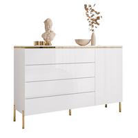 KOMMODE AURORA 4S1D Weiß / Weiß hochglanz mit gerade Goldchrom Fuße - Weiß Hochglanz/Goldfarben, Holzwerkstoff/Metall (140/91/40cm) - Lookway