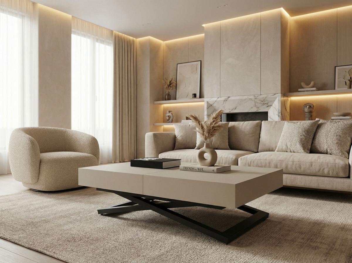COUCHTISCH Cavetta U höhenverstellbar ausziehbar, Kaschmir Beige 120-200/80/27-76 cm - Kaschmir/Beige, Holzwerkstoff/Metall (80/200/76cm) - WFL GROUP