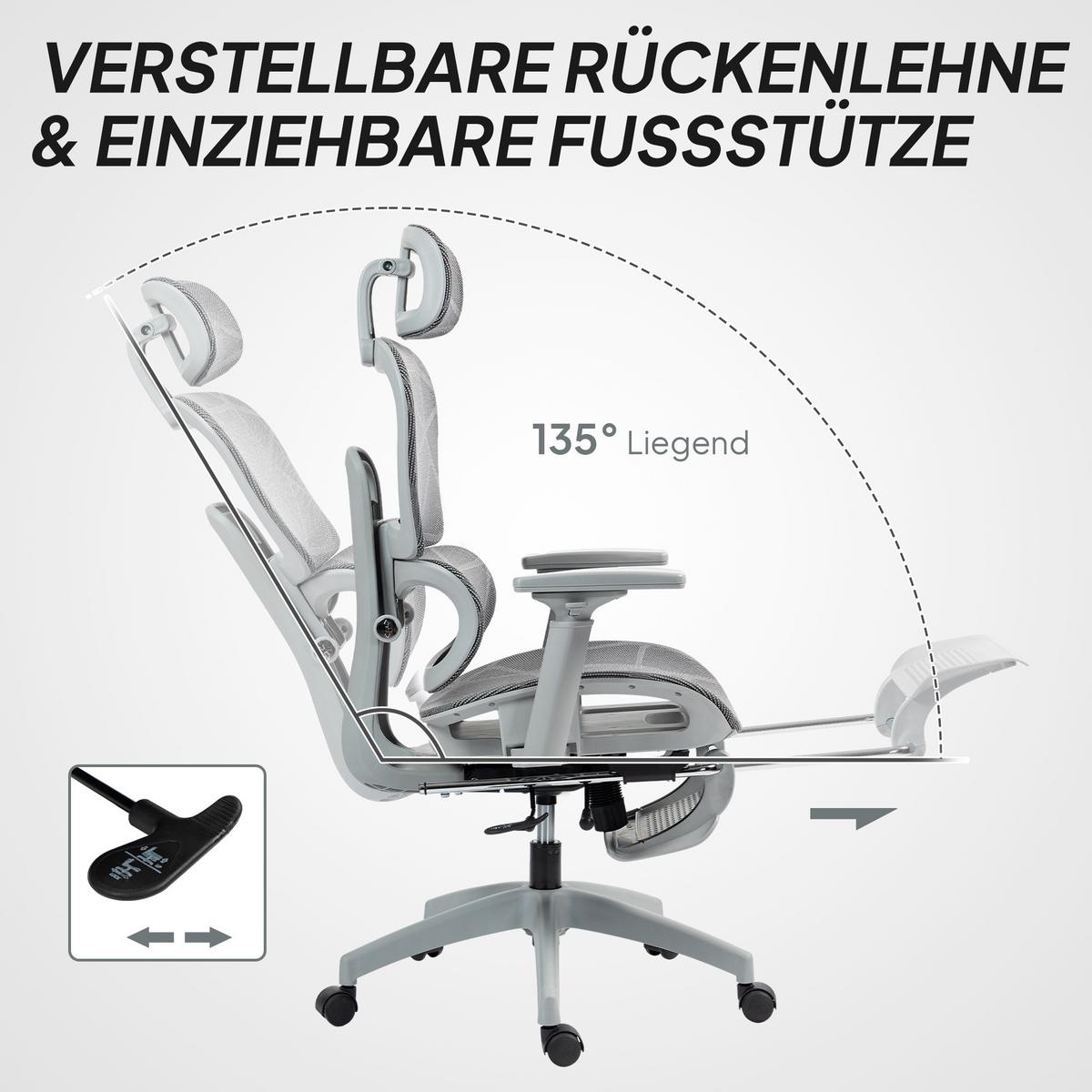 BÜROSTUHL Schreibtischstuhl mit Armlehne Kopfstütze Lendenwirbelstütze Grau - Grau, Kunststoff/Textil (64/122/66cm) - HOMCOM