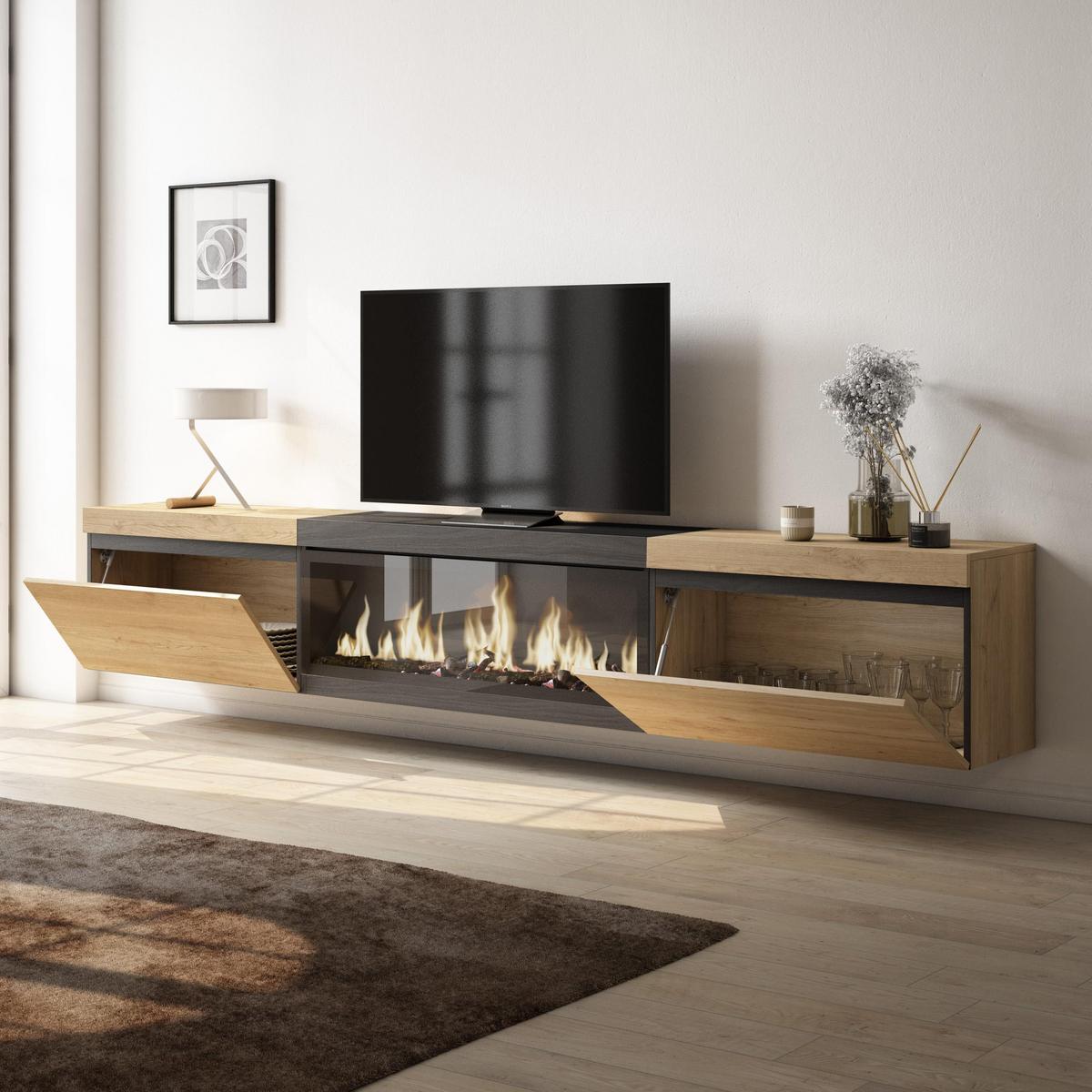 LOWBOARD, mit Elektrokamin XXL, Hängend, Eiche, Schwarz, 267/35/45cm - Eichefarben/Schwarz, Holzwerkstoff (267/45/35cm) - Skraut Home