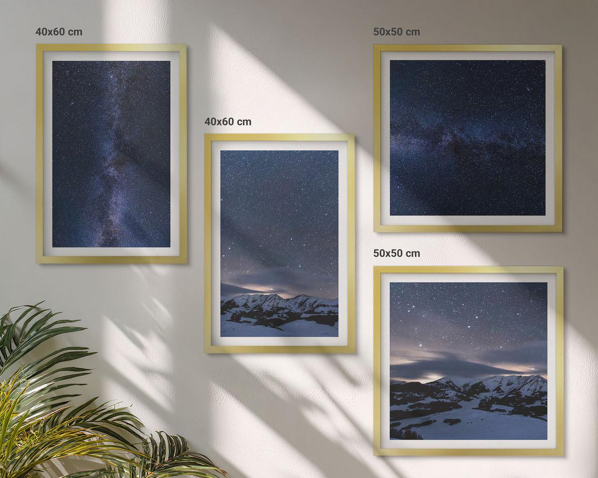 BILDER SET 4er Set - 50x50 cm & 40x60 cm Goldrahmen - Nachthimmel, Berge, Sterne - Goldfarben, Kunststoff (50/50cm) - TULUP