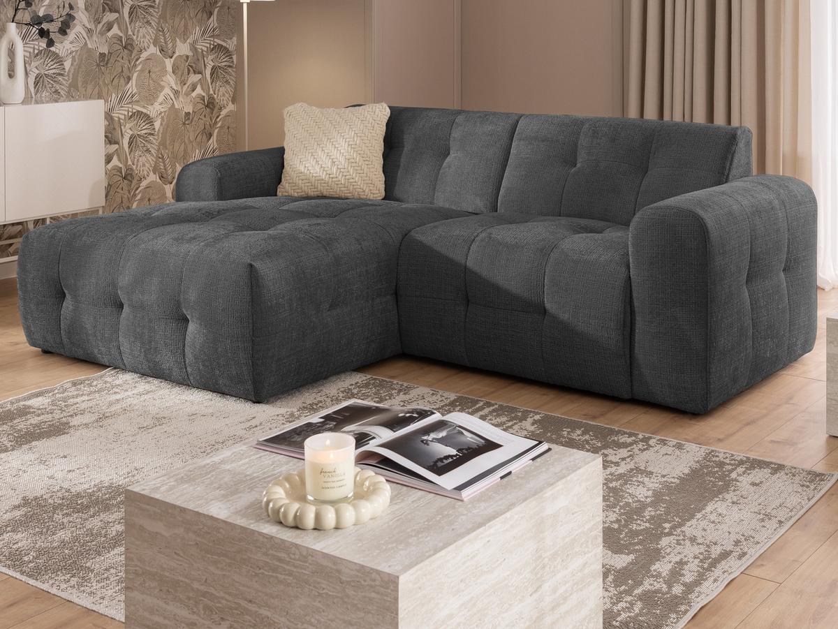ECKSOFA Kozy im Bumpy-Design mit fester Rückenlehne aus weichem Grau Chenille-Stoff - Ottomane links - Schwarz/Grau, Holz/Kunststoff (161/234cm) - S-Style Möbel