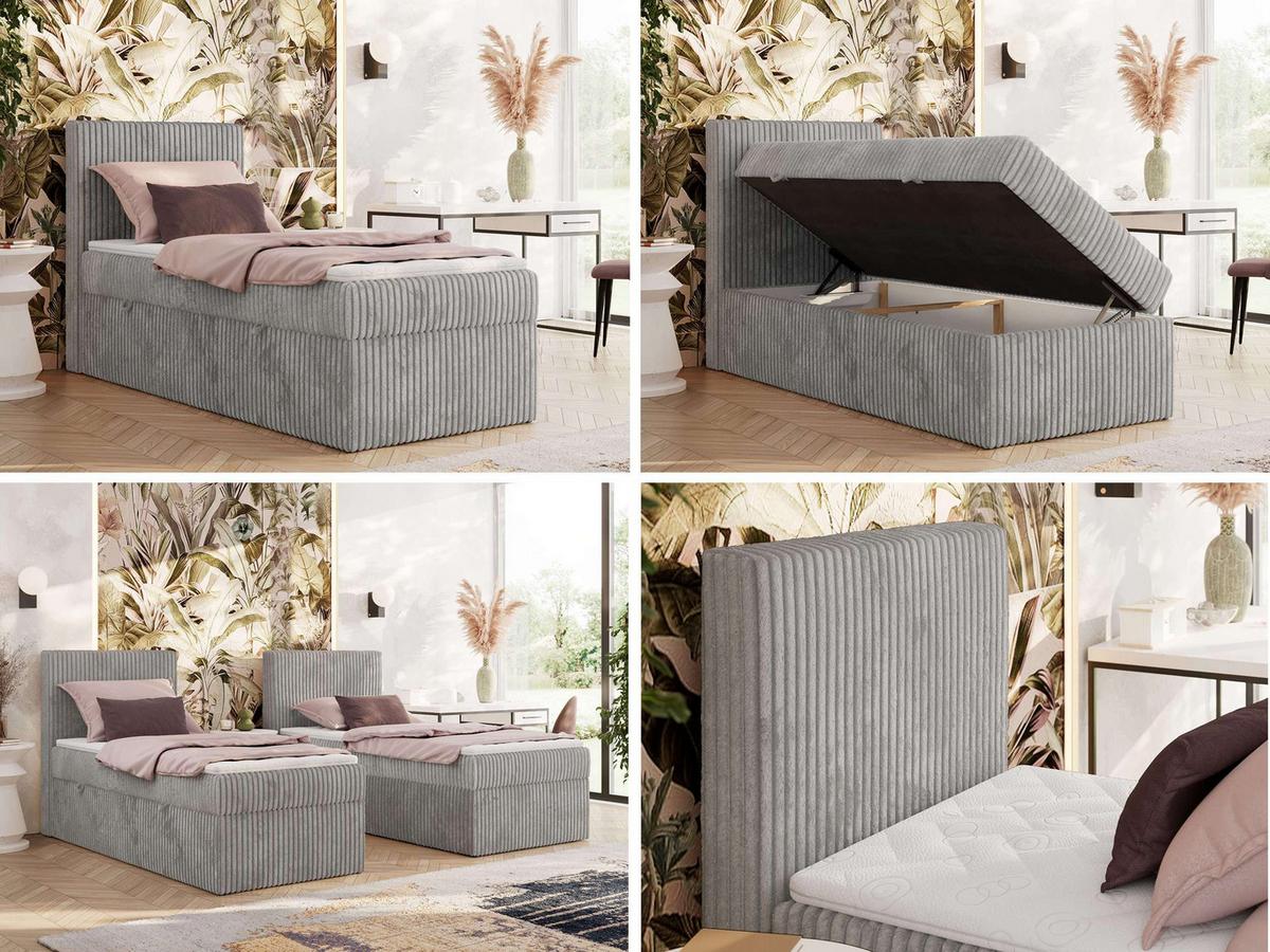 BOXBETT TILIANO 90/200 - Hellgrau Cord - H4 - Visco Topper - Links - Hellgrau, Textil (90/200cm) - MKS