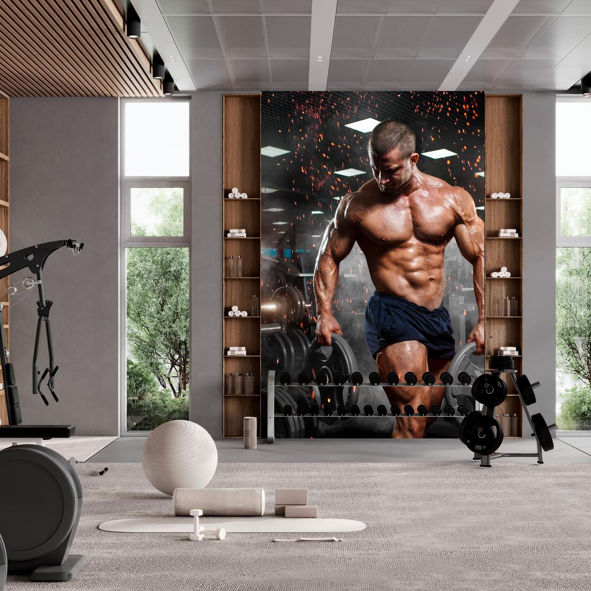 FOTOTAPETE Muskulöser Mann Gym Fitnessstudio Sport 350x256 - Beige/Schwarz, Papier (350/256cm) - Muralo
