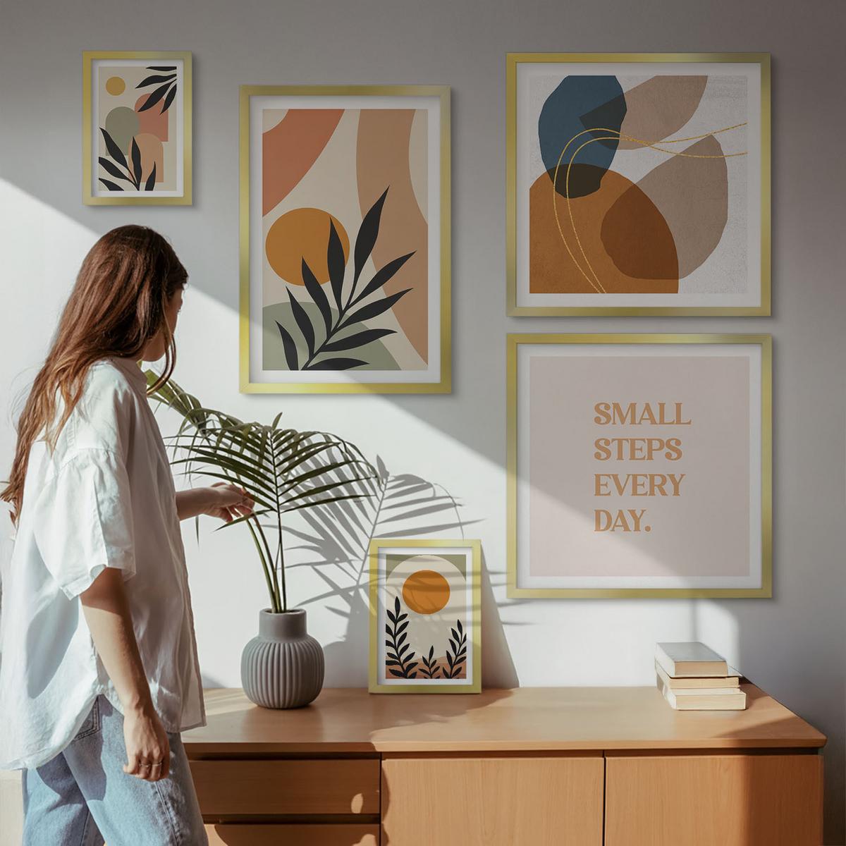 BILDER SET 5er Set - 50x50 cm & 20x30 cm & 40x60 cm Goldrahmen - Moderne Pflanzenmotive - Goldfarben, Kunststoff (40/60cm) - TULUP