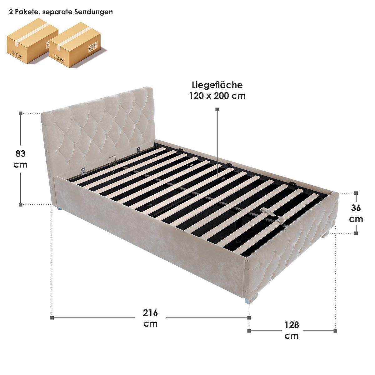 POLSTERBETT Nizza Beige 120x200 cm mit Bettkasten und LED - Beige, Holzwerkstoff (120/200cm) - Juskys
