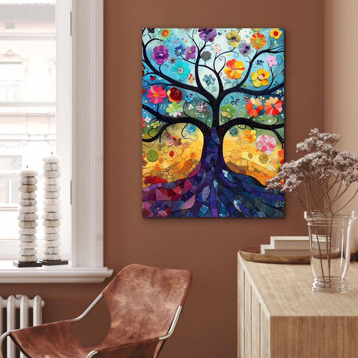 METALLBILD Kunst - Baum des Lebens - Blumen - Hippie 60x80 cm - Dunkelblau, Metall (60/80cm) - MuchoWow