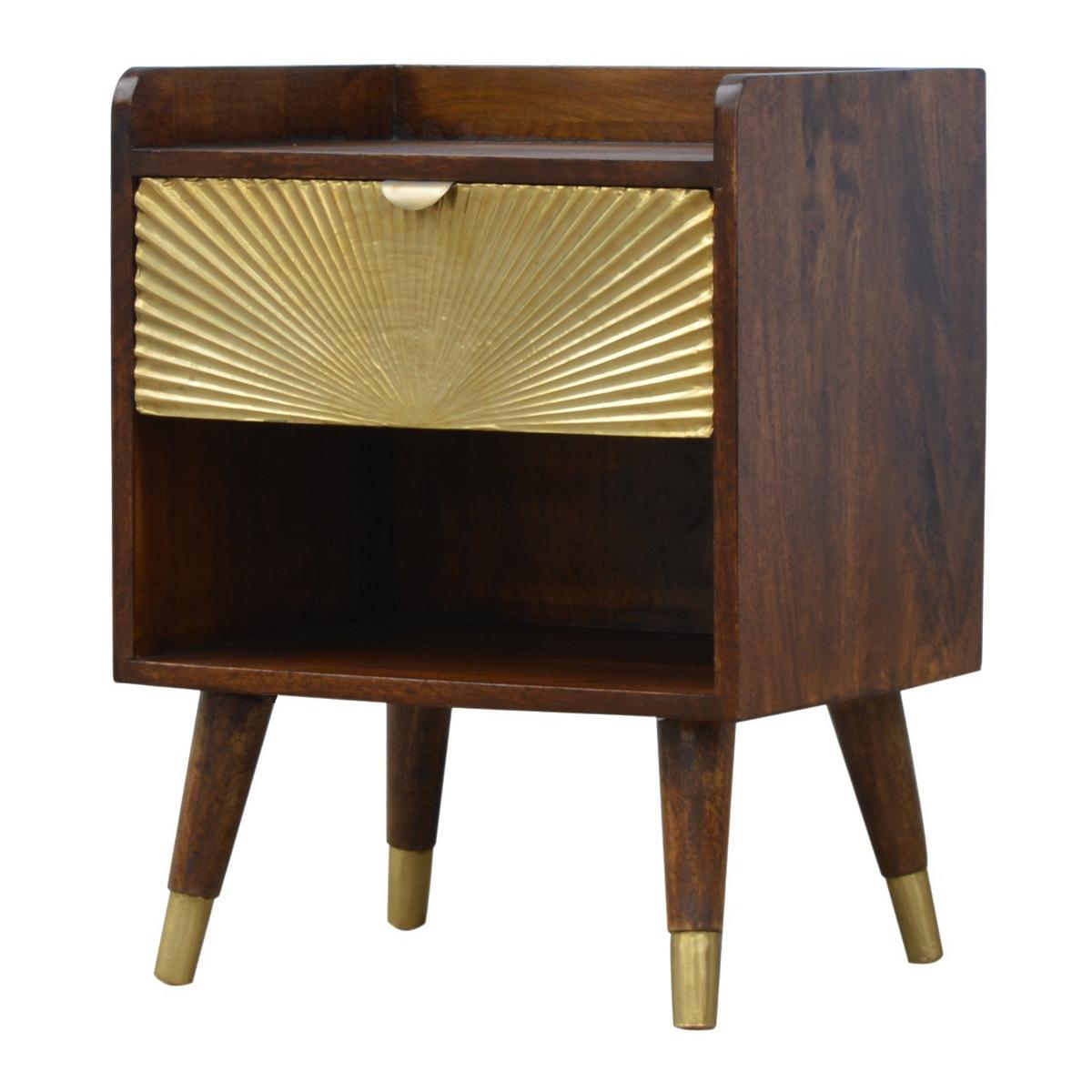 NACHTTISCH aus Massivholz, 1 Schublade, 1 Offenes Fach, Nordische Beine, Braun und Goldfarben - Messingfarben/Braun, Holz/Metall (45/58/35cm) - Artisan Furniture